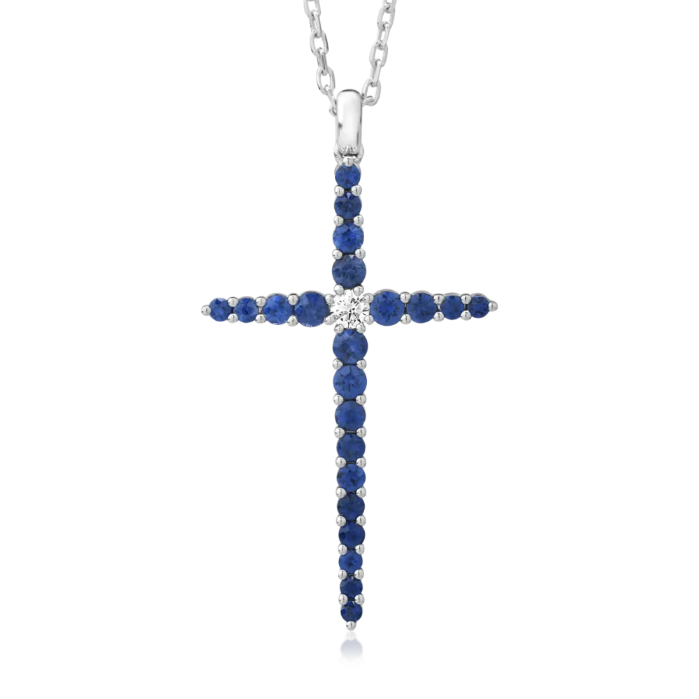 Lant cu pandantiv cruce din aur alb cu safire de 1.1ct si un diamant de 0.09ct