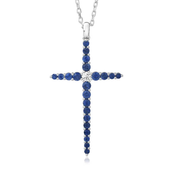 Lant cu pandantiv cruce din aur alb cu safire de 1.1ct si un diamant de 0.09ct