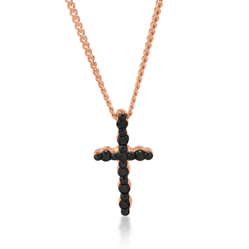 Lant cu pandantiv cruce din aur roz cu diamante negre de 0.06ct