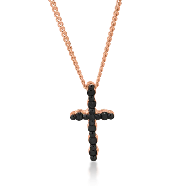 Lant cu pandantiv cruce din aur roz cu diamante negre de 0.06ct