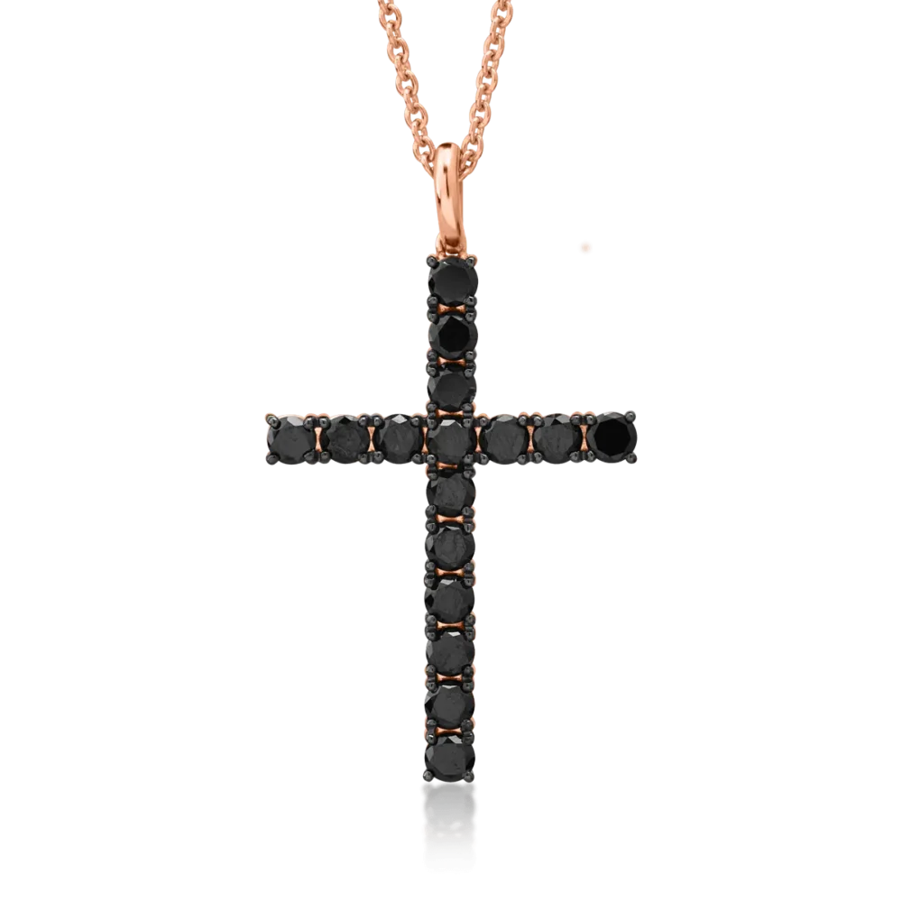 Lant cu pandantiv cruce din aur roz cu diamante negre de 1.45ct