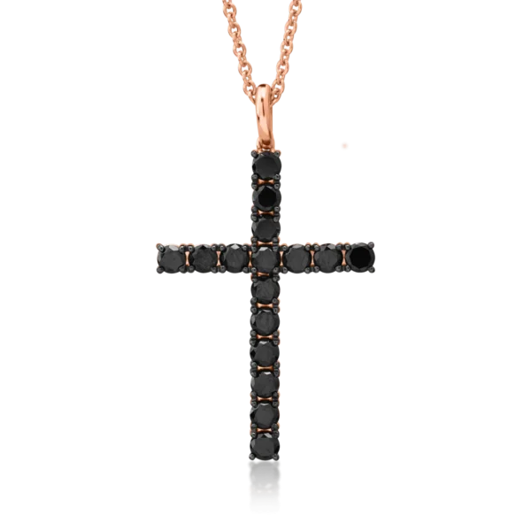 Lant cu pandantiv cruce din aur roz cu diamante negre de 1.45ct