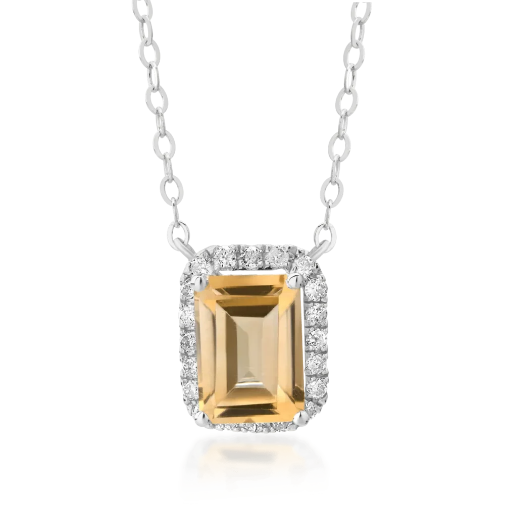 Lant cu pandantiv din aur alb cu citrin emerald de 0.85ct si diamante de 0.12ct