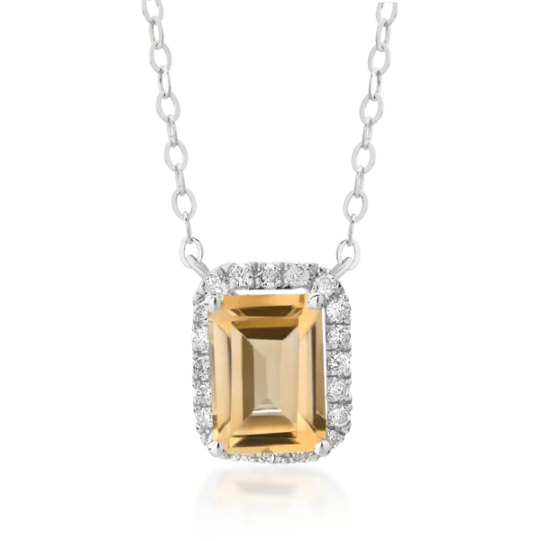 Lant cu pandantiv din aur alb cu citrin emerald de 0.85ct si diamante de 0.12ct