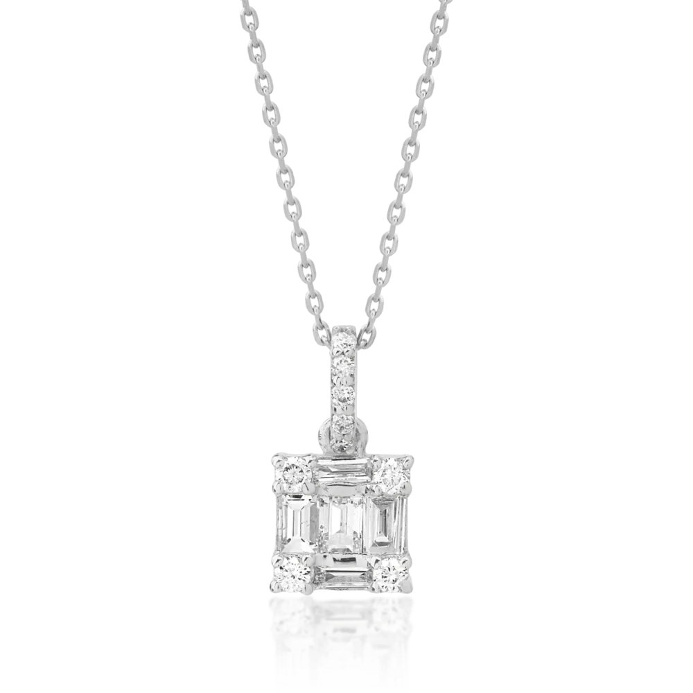 Lant cu pandantiv din aur alb cu diamante baguette si rotunde de 0.15ct