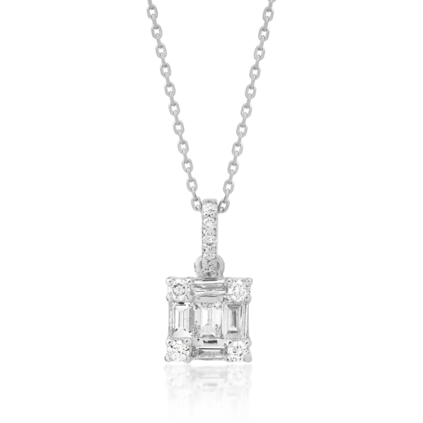 Lant cu pandantiv din aur alb cu diamante baguette si rotunde de 0.15ct