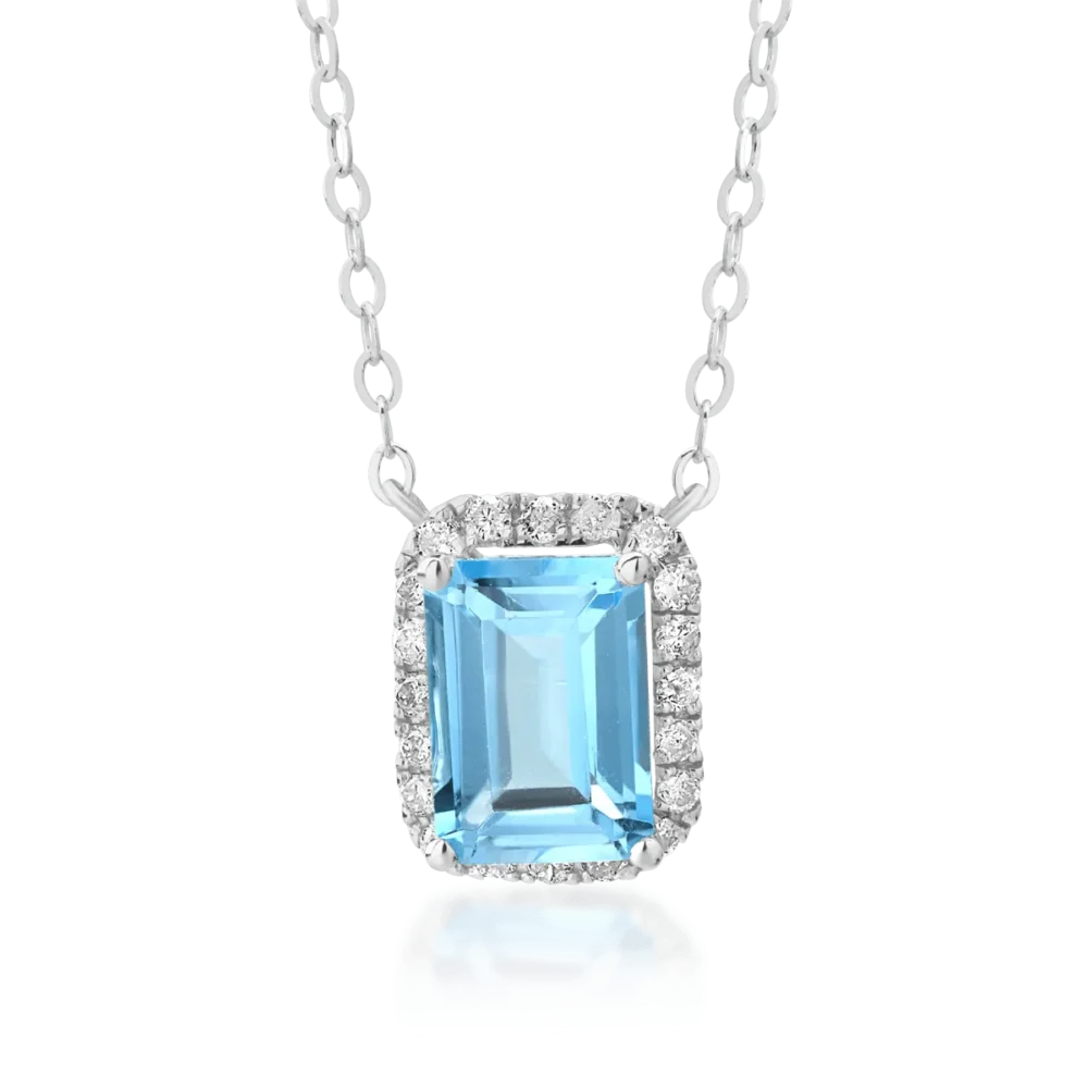 Lant cu pandantiv din aur alb cu topaz albastru emerald de 1.18ct si diamante de 0.12ct