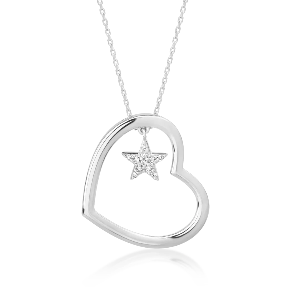 Lant cu pandantiv inima si steluta din aur alb cu diamante de 0.04ct
