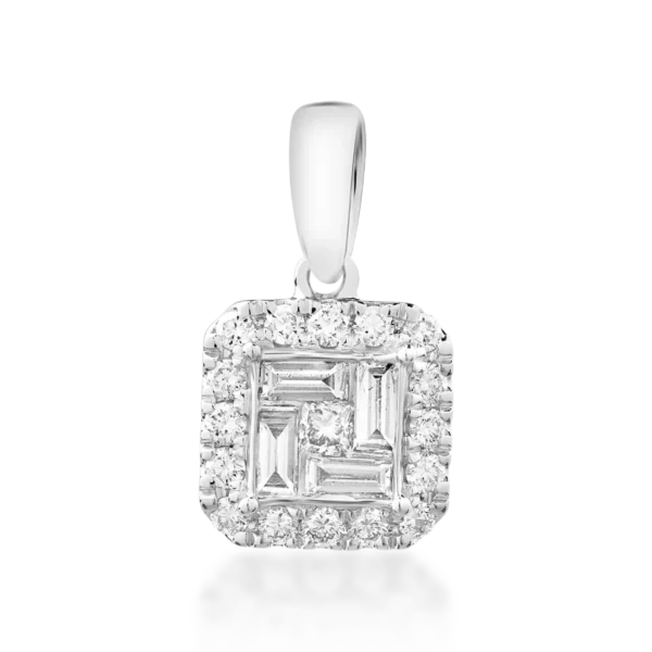 Pandantiv din aur alb cu diamante princess, baguette si rotunde de 0.4ct
