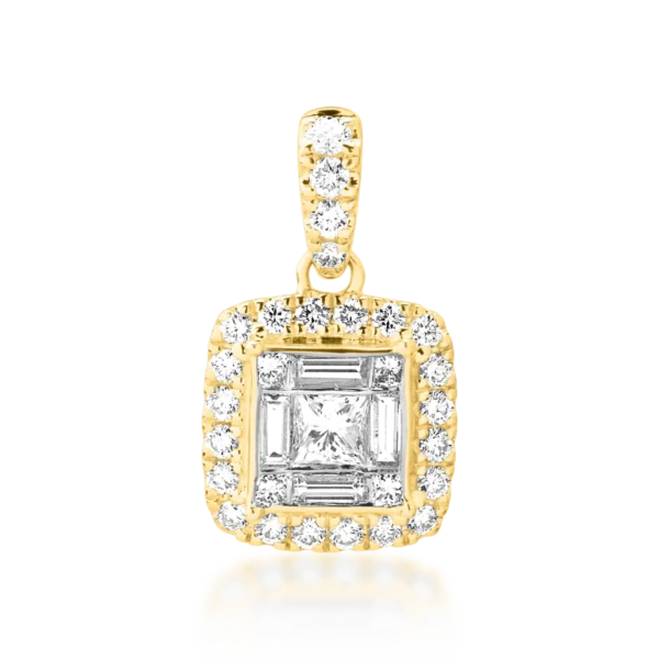 Pandantiv din aur galben cu diamante princess, baguette si rotunde de 0.62ct
