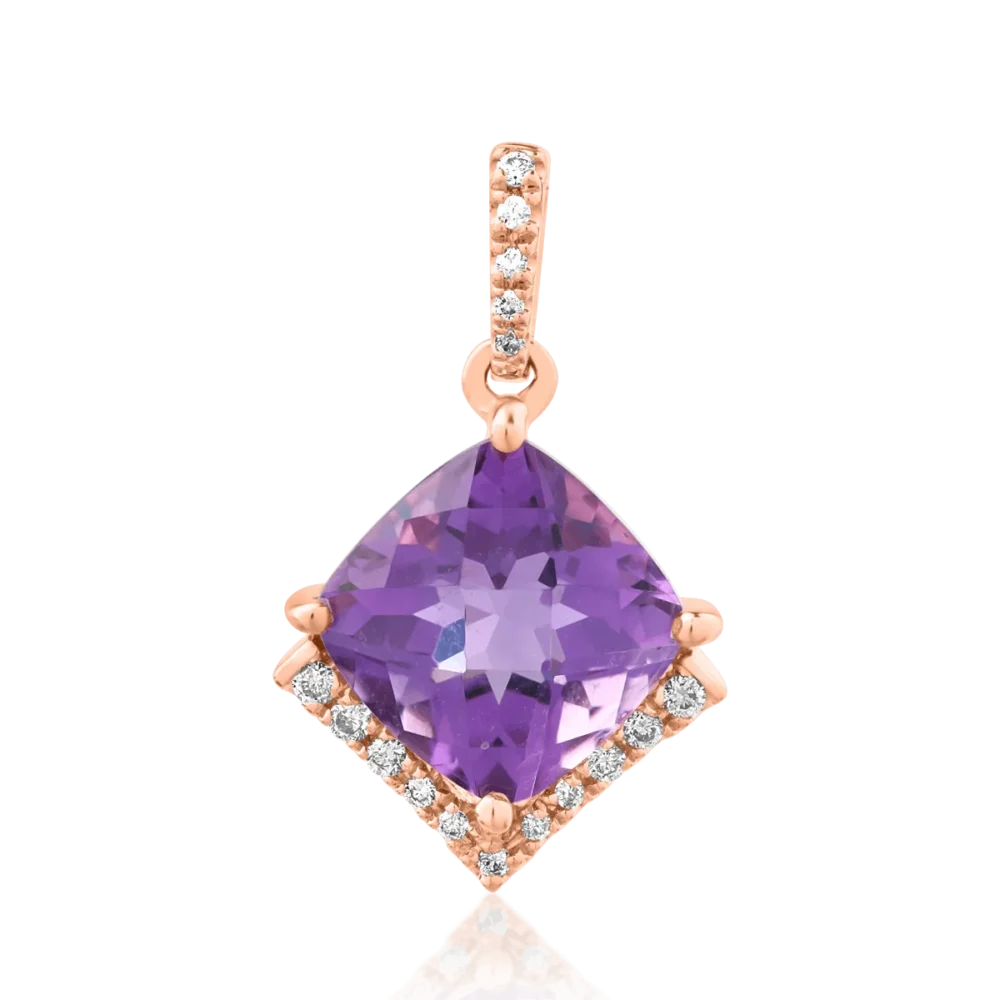 Pandantiv din aur roz cu ametist cushion de 2.3ct si diamante de 0.08ct