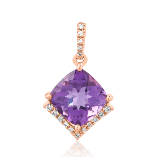 Pandantiv din aur roz cu ametist cushion de 2.3ct si diamante de 0.08ct