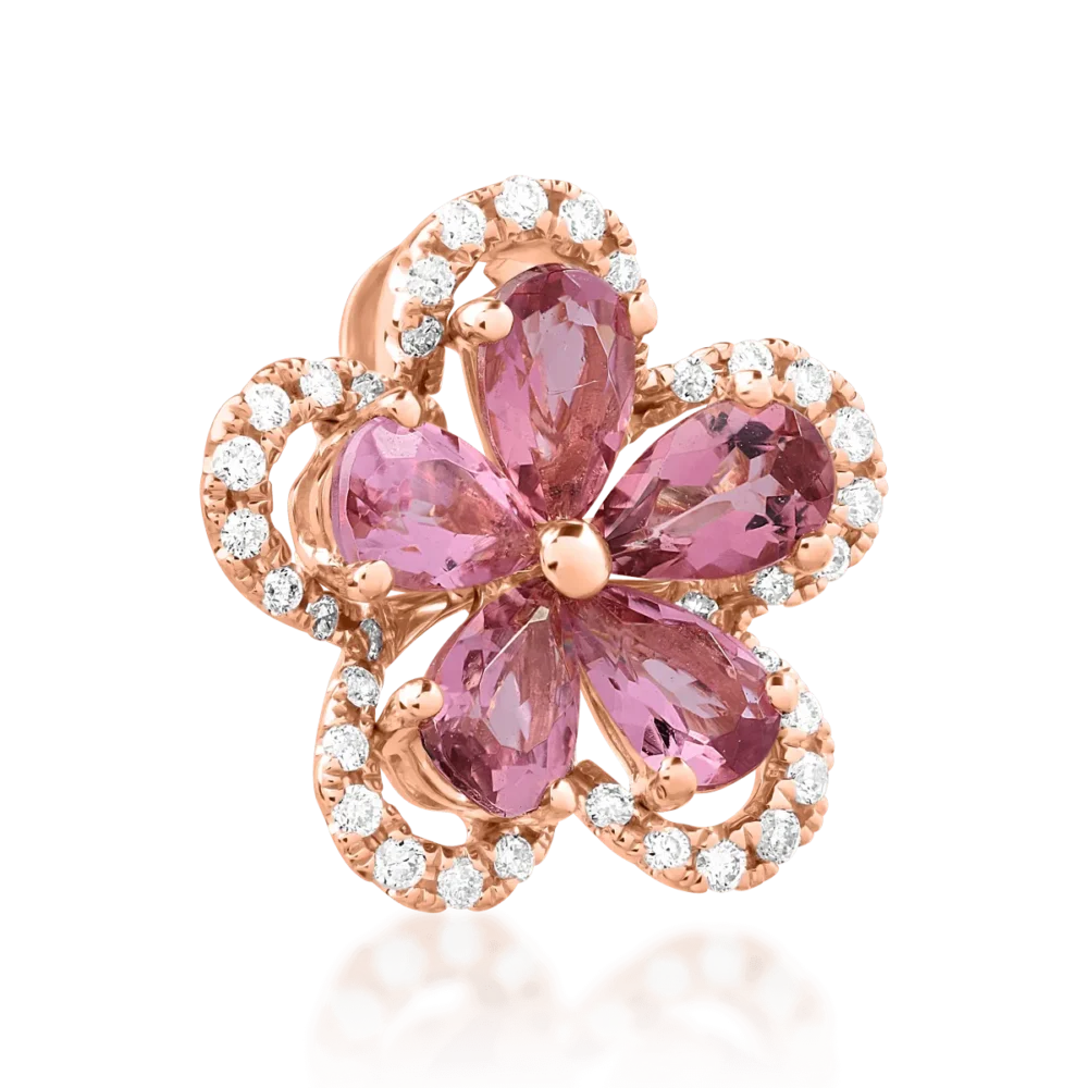 Pandantiv floare din aur roz cu turmaline roz pear de 1ct si diamante de 0.1ct - imagine 2