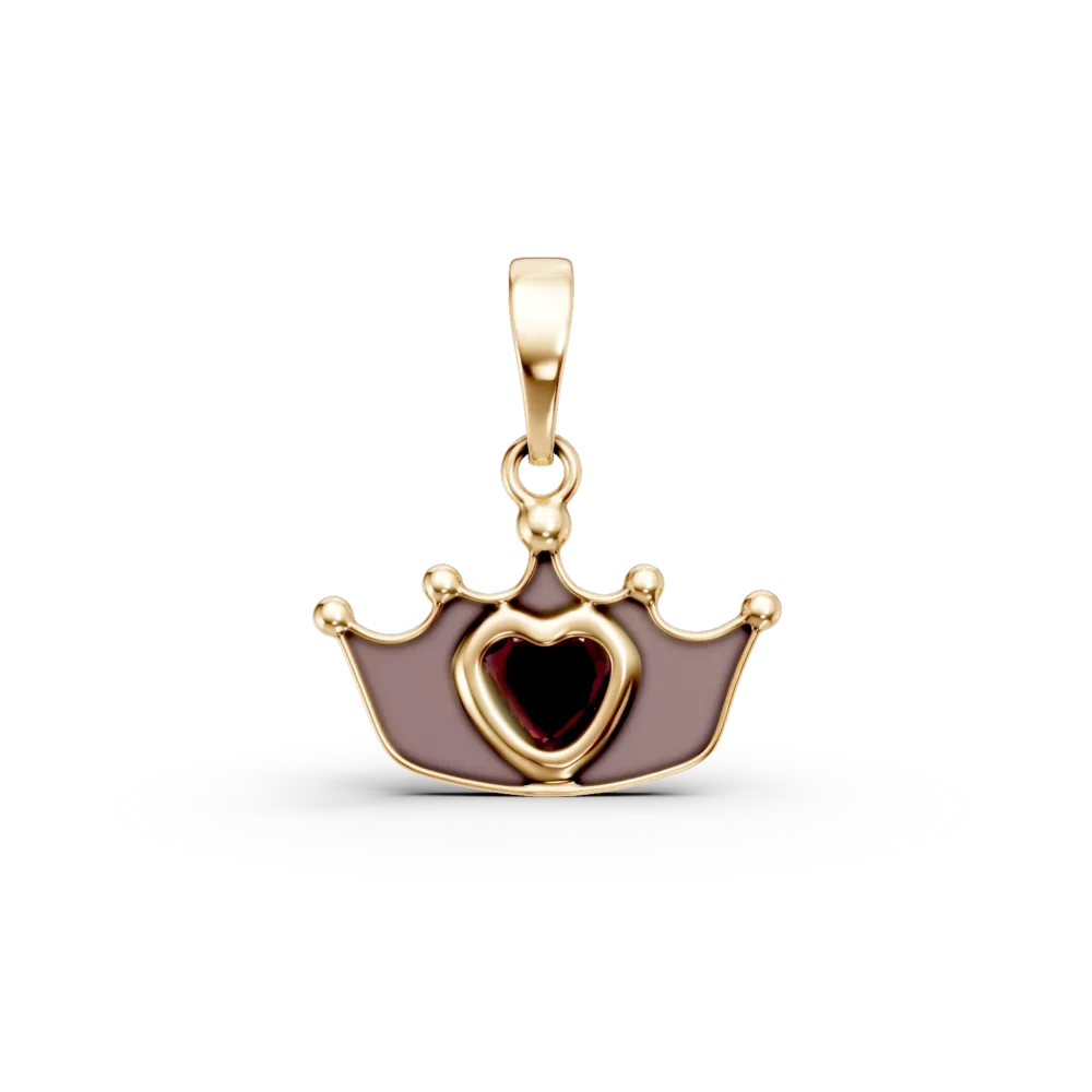 Pandantiv coroana din aur galben cu granat heart de 0.1ct pentru copii