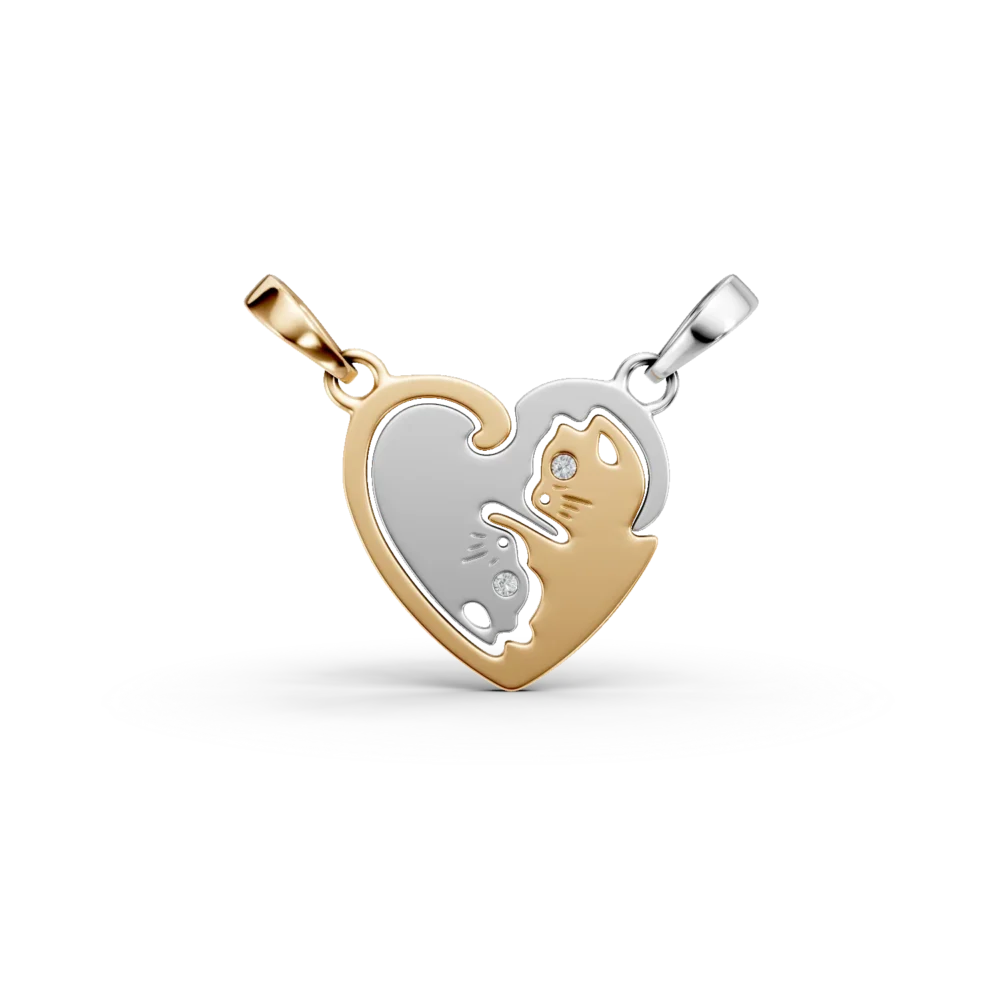 Pandantiv dublu pisici din aur alb-galben cu diamante de 0.004ct pentru copii