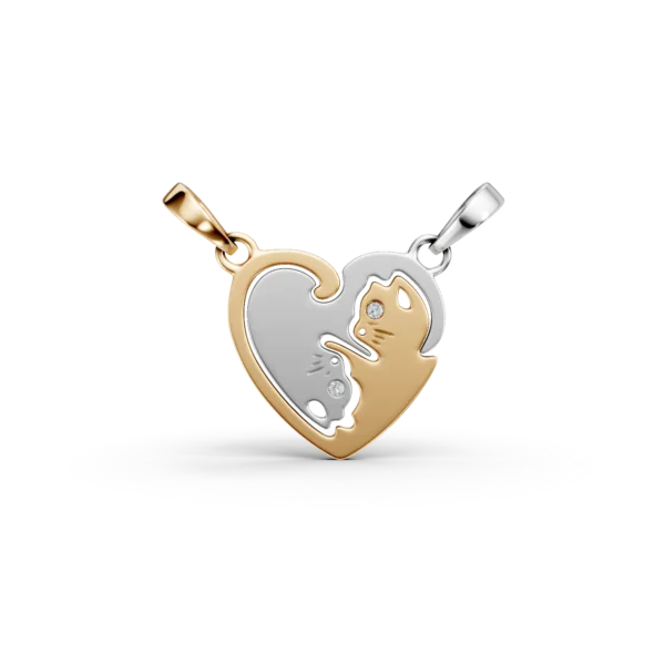 Pandantiv dublu pisici din aur alb-galben cu diamante de 0.004ct pentru copii