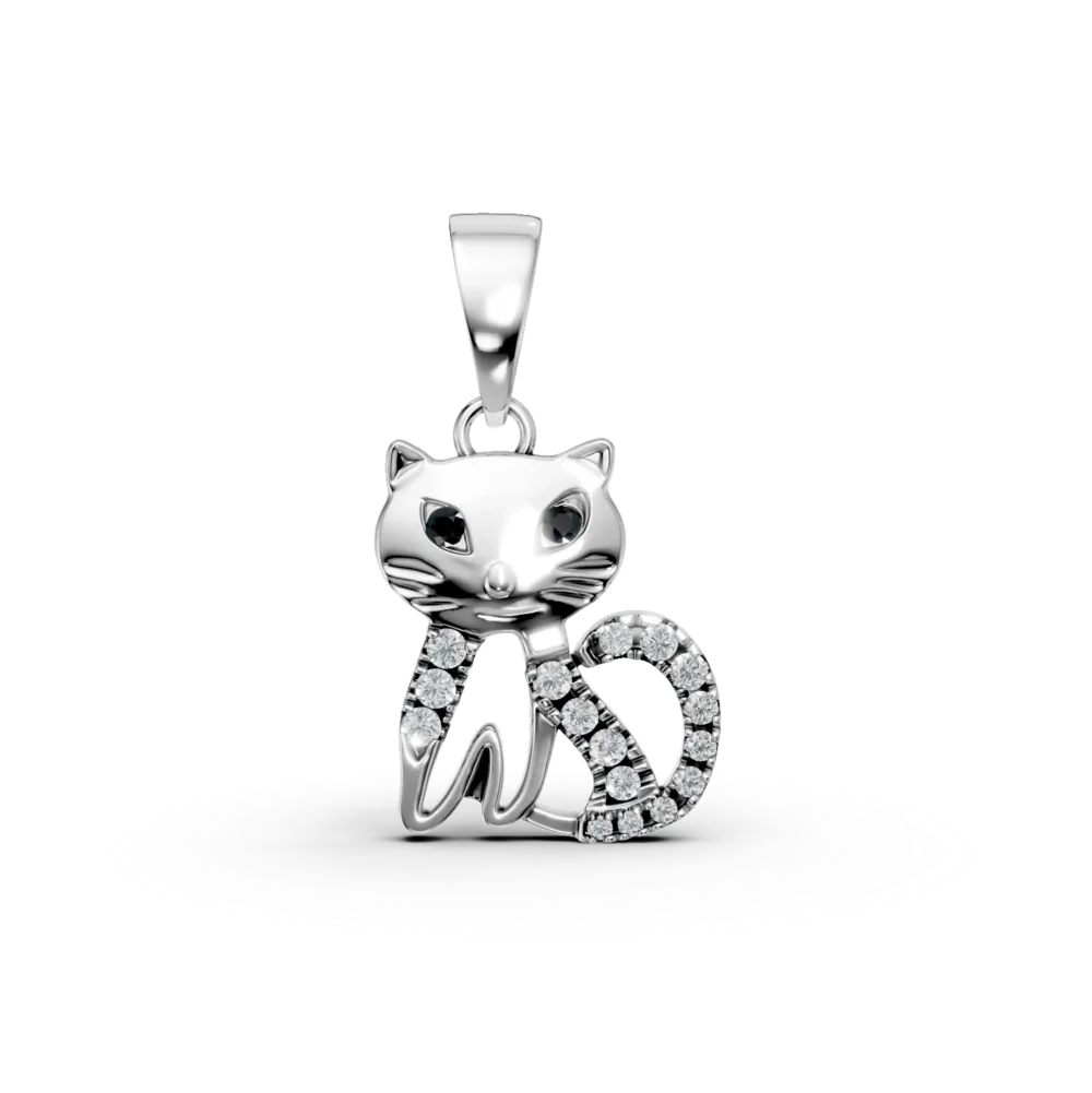 Pandantiv pisica din aur alb cu diamante negre si incolore de 0.05ct pentru copii