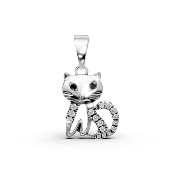 Pandantiv pisica din aur alb cu diamante negre si incolore de 0.05ct pentru copii